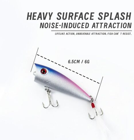 5Pcs Fishing Popper Lures Bass Fishing Lures Hard Bait Topwater Rattle Bait with Feathered Treble Hooks for Bass Trout Perch Salmon 2.56in/0.21oz in Saudi Arabia