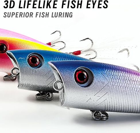 5Pcs Fishing Popper Lures Bass Fishing Lures Hard Bait Topwater Rattle Bait with Feathered Treble Hooks for Bass Trout Perch Salmon 2.56in/0.21oz in Saudi Arabia