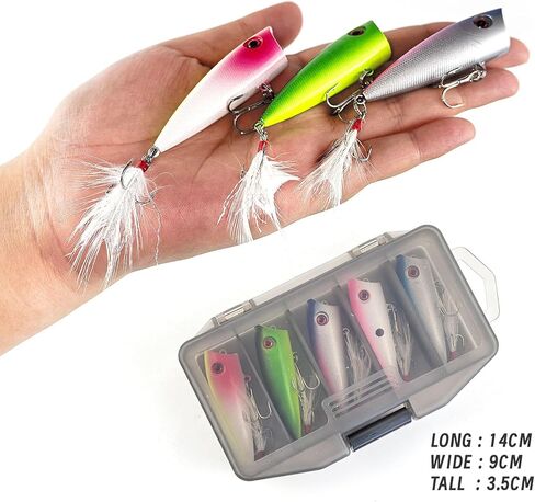 5Pcs Fishing Popper Lures Bass Fishing Lures Hard Bait Topwater Rattle Bait with Feathered Treble Hooks for Bass Trout Perch Salmon 2.56in/0.21oz in Saudi Arabia