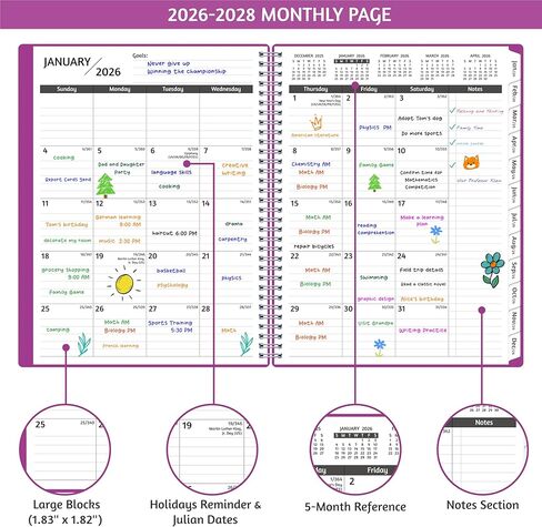 مخطط شهري 2026-2028 ، مخطط تقويم 36 شهرًا 2026-2028 من يناير 2026-ديسمبر 2028 ، 8.5 '× 11' مع ​​انتشار محكم ، غطاء مرن ، سلك دوامة ، جيب ، علامات تبويب مطلية ، ملاحظات ＆ العادة in Kuwait