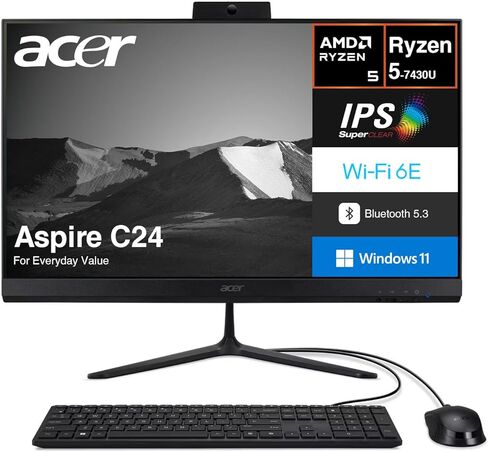 Acer Aspire C24 All-in-One (AIO) Desktop 23.8" 120 Hz IPS FHD Display (AMD Ryzen 5 7430U, 8GB DDR4, 512GB SSD, AMD Radeon, WiFi 6E, Bluetooth 5.3, Webcam, Win 11 Home) USB Keyboard and Mouse in Saudi Arabia