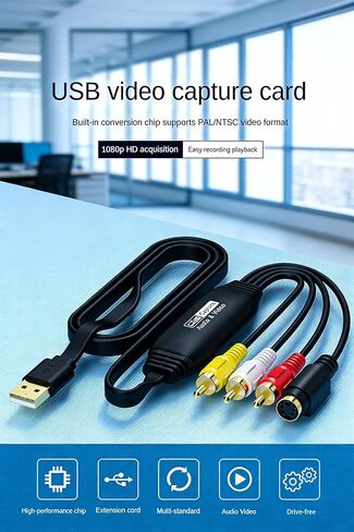 بطاقة التقاط الفيديو، CVBS + S-Video إلى USB لوحدة تحكم ألعاب كاميرا VHS VCR DVD، جهاز التقاط بدقة 1080 بكسل للبث المباشر/التسجيل مع OBS، متوافق مع أنظمة التشغيل Windows/Mac/Linux/Android in Kuwait