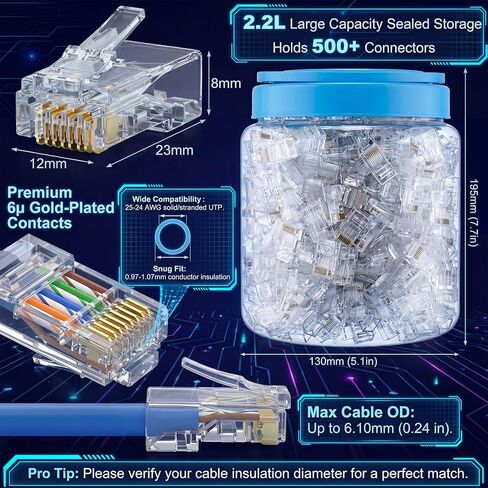 Tellegloww 500 حزمة Cat6 تمر عبر موصلات Rj45 السائبة 6 ميكرومتر مطلية بالذهب لمقابس الشبكة المعيارية لكابل Utp Ethernet الصلبة والمجدولة in Kuwait