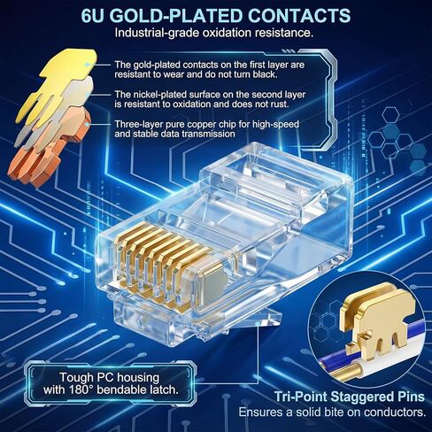 Tellegloww 500 حزمة Cat6 تمر عبر موصلات Rj45 السائبة 6 ميكرومتر مطلية بالذهب لمقابس الشبكة المعيارية لكابل Utp Ethernet الصلبة والمجدولة in Kuwait