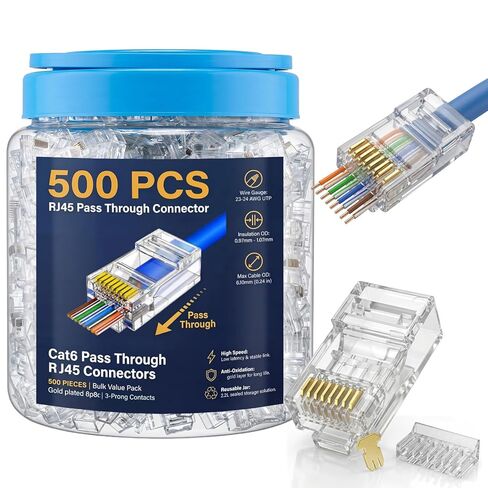 Tellegloww 500 حزمة Cat6 تمر عبر موصلات Rj45 السائبة 6 ميكرومتر مطلية بالذهب لمقابس الشبكة المعيارية لكابل Utp Ethernet الصلبة والمجدولة in Kuwait