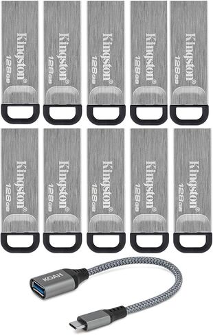 محرك فلاش Kingston 128GB DataTraveler Kyson 200MBPS قراءة 60MBPS سرعة كتابة (10 عبوات) حزمة مع محول USB-C (عنصران) in Saudi Arabia