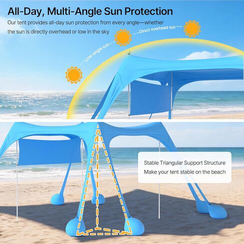 Suteck Beach Tent Sun Shelter with Sidewall, Easy Set Up 10x10ft Beach Canopy, Outdoor Sun Shade with UPF 50+UV Protection, 8 Sandbags, 4 Stability Poles for Camping, Fishing or Picnics(Sky Blue) in Saudi Arabia