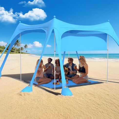 Suteck Beach Tent Sun Shelter with Sidewall, Easy Set Up 10x10ft Beach Canopy, Outdoor Sun Shade with UPF 50+UV Protection, 8 Sandbags, 4 Stability Poles for Camping, Fishing or Picnics(Sky Blue) in Saudi Arabia