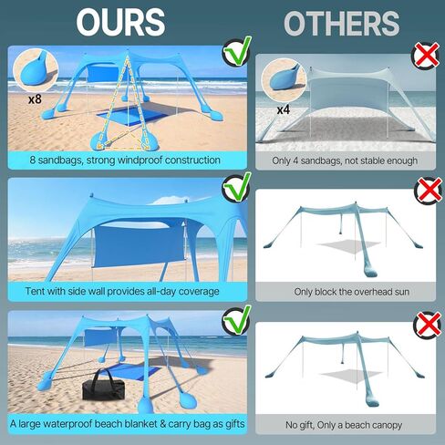 Suteck Beach Tent Sun Shelter with Sidewall, Easy Set Up 10x10ft Beach Canopy, Outdoor Sun Shade with UPF 50+UV Protection, 8 Sandbags, 4 Stability Poles for Camping, Fishing or Picnics(Sky Blue) in Saudi Arabia