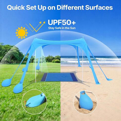 Suteck Beach Tent Sun Shelter with Sidewall, Easy Set Up 10x10ft Beach Canopy, Outdoor Sun Shade with UPF 50+UV Protection, 8 Sandbags, 4 Stability Poles for Camping, Fishing or Picnics(Sky Blue) in Saudi Arabia