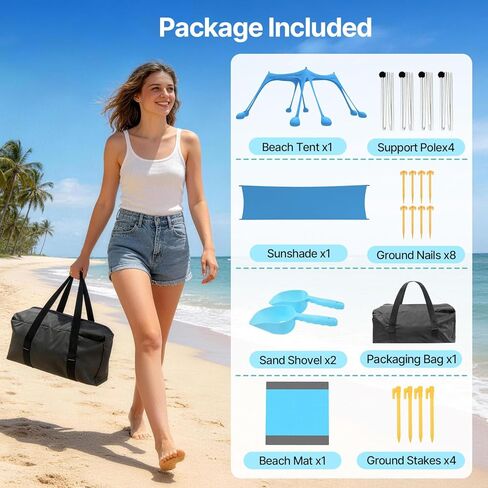 Suteck Beach Tent Sun Shelter with Sidewall, Easy Set Up 10x10ft Beach Canopy, Outdoor Sun Shade with UPF 50+UV Protection, 8 Sandbags, 4 Stability Poles for Camping, Fishing or Picnics(Sky Blue) in Saudi Arabia