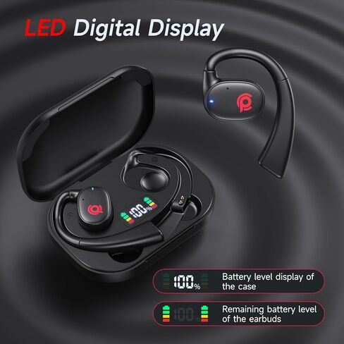 Open Ear Bluetooth Headphones Stereo Sound Clear Call Air-Conduction Wireless Charging Case LED Digital Display EarHook Earbuds Headset with Microphone Waterproof Earphone for Sport Work Running Black in Kuwait