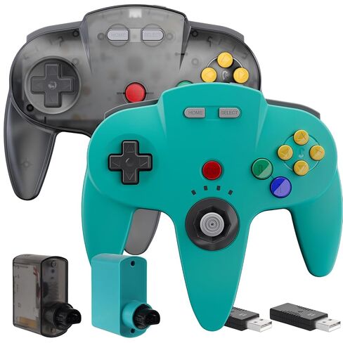قطعتان من وحدة التحكم N64 اللاسلكية مصممة للمحول 1 و2، وحدة تحكم N64، أجهزة استقبال لاسلكية 2.4 جيجا هرتز متوافقة مع Switch Online، Windows PC، macOS (اهتزاز مدمج) (قابلة لإعادة الشحن) رمادي معدني/سماوي in Saudi Arabia