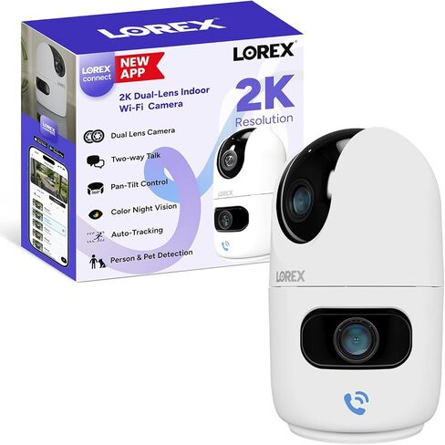 Lorex Connect 2K Indoor Dual Lens Wi-Fi 6 Camera | New Connect App | 360° Pan-Tilt | Person & Pet Detection | Color Night Vision | Instant Call | 2-Way Talk | Cloud & Local Storage Option in Saudi Arabia