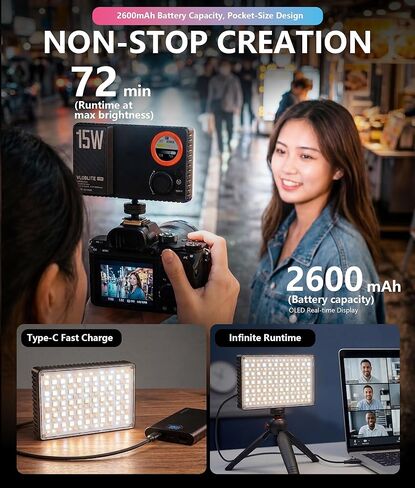 LOUERN 15W RGB Video Light، 0-359° Hue، 1800K-9000K CRI95+، 20 تأثيرات مشهد، 2600 مللي أمبير قابلة لإعادة الشحن، موزع مغناطيسي، حذاء بارد، للتصوير الفوتوغرافي والصور الشخصية وتصوير المنتجات ومدونات الفيديو in Kuwait