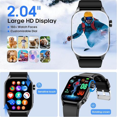 ساعة ذكية Yowow BIT للرجال والنساء، جهاز تتبع اللياقة البدنية AMOLED مقاس 2.04 بوصة مع مكالمة بلوتوث، ومعدل ضربات القلب SpO2، وضغط الدم، وضغط النوم HRV، و150 وضعًا رياضيًا، وIP68 مقاومة للماء لنظام Android iOS (أسود) in Kuwait