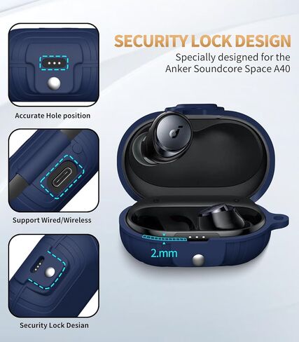for Anker Soundcore Space A40 Secure Lock Case Cover, Silicone Protective Scratch Shock Cover ONLY Compatible with Anker Soundcore Space A40 Earbuds Charging Case with Carabiner(Blue) in Saudi Arabia