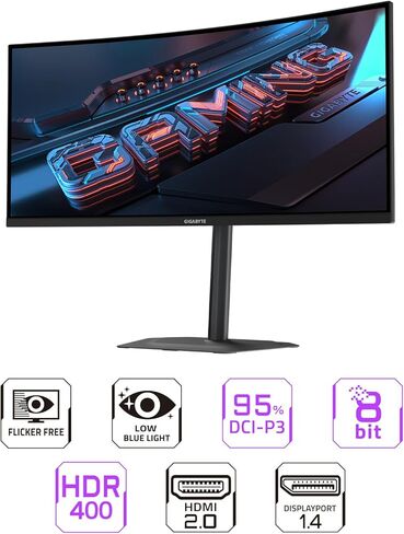 GIGABYTE - G34WQC2-34 بوصة VA شاشة منحنية للألعاب - WQHD 3440x1440-200 هرتز - 1 مللي ثانية GTG - AMD FreeSync Premium - HDMI، DP - الارتفاع والإمالة قابلان للتعديل - أسود in Saudi Arabia