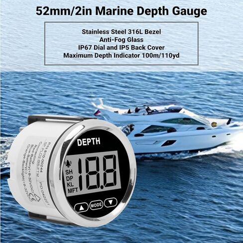 Digital Boat Depth Finder, 52mm/2in Marine Depth Gauge, Depth Sounder Dash Depth Finder Transducer with White Backlight for Yachts Boats Marine in Saudi Arabia