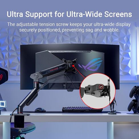 ROG Ergo Monitor Arm (AAS01R) – Mechanical Spring Monitor Mount with Desk Clamp and Grommet Mount, Holds Up to 49-inch* Within 13.5kg, Pivot/Swivel/Tilt/Rotation/Height Adjustable, VESA 100 x 100 mm in Saudi Arabia