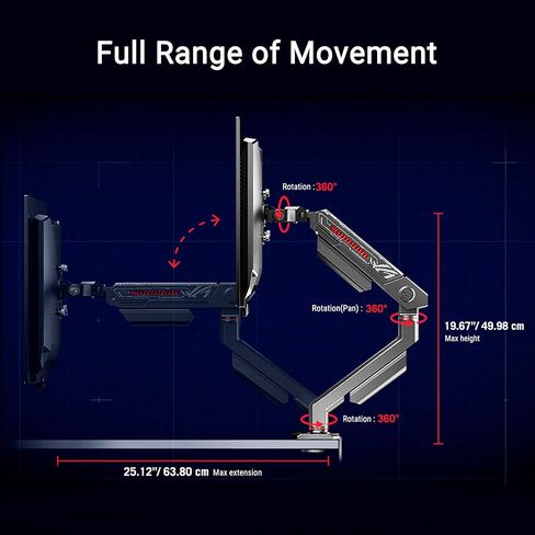 ROG Ergo Monitor Arm (AAS01R) – Mechanical Spring Monitor Mount with Desk Clamp and Grommet Mount, Holds Up to 49-inch* Within 13.5kg, Pivot/Swivel/Tilt/Rotation/Height Adjustable, VESA 100 x 100 mm in Saudi Arabia