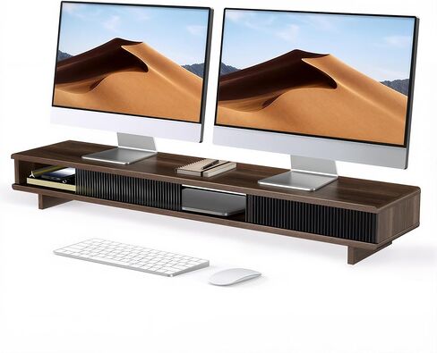 Dual Monitor Riser with Sliding Doors & Storage - 42.5" Extra Wide Dual Monitor Stand for Desk Organizer,Desk Shelf for Office & Gaming - Acrylic Wave Design,110 lbs Capacity,Walnut in Saudi Arabia