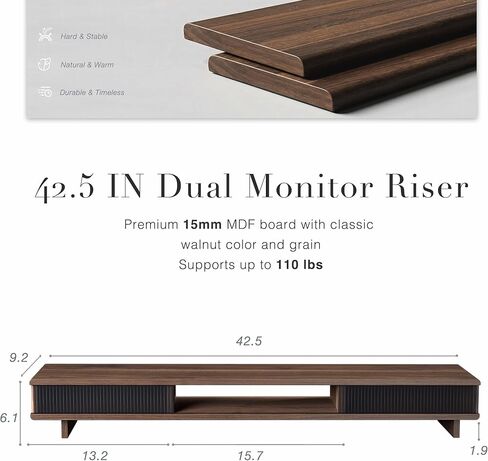 Dual Monitor Riser with Sliding Doors & Storage - 42.5" Extra Wide Dual Monitor Stand for Desk Organizer,Desk Shelf for Office & Gaming - Acrylic Wave Design,110 lbs Capacity,Walnut in Saudi Arabia