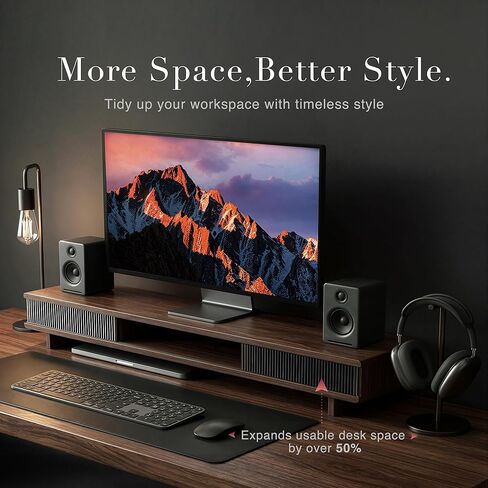 Dual Monitor Riser with Sliding Doors & Storage - 42.5" Extra Wide Dual Monitor Stand for Desk Organizer,Desk Shelf for Office & Gaming - Acrylic Wave Design,110 lbs Capacity,Walnut in Saudi Arabia