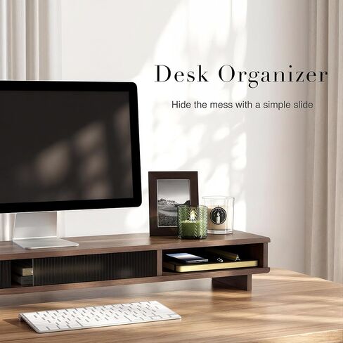 Dual Monitor Riser with Sliding Doors & Storage - 42.5" Extra Wide Dual Monitor Stand for Desk Organizer,Desk Shelf for Office & Gaming - Acrylic Wave Design,110 lbs Capacity,Walnut in Saudi Arabia