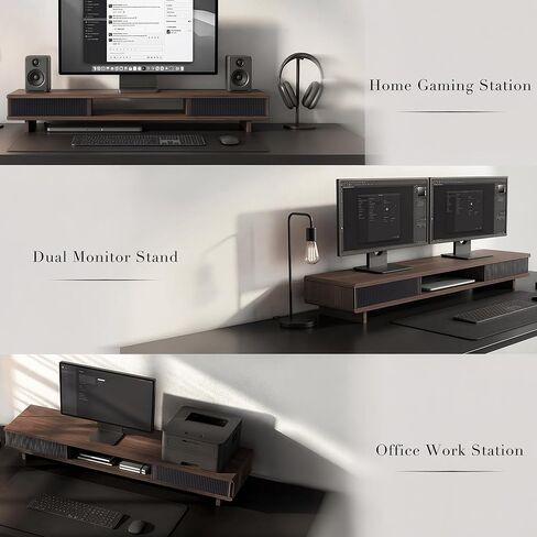 Dual Monitor Riser with Sliding Doors & Storage - 42.5" Extra Wide Dual Monitor Stand for Desk Organizer,Desk Shelf for Office & Gaming - Acrylic Wave Design,110 lbs Capacity,Walnut in Saudi Arabia