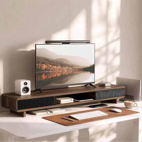 Dual Monitor Riser with Sliding Doors & Storage - 42.5" Extra Wide Dual Monitor Stand for Desk Organizer,Desk Shelf for Office & Gaming - Acrylic Wave Design,110 lbs Capacity,Walnut in Saudi Arabia