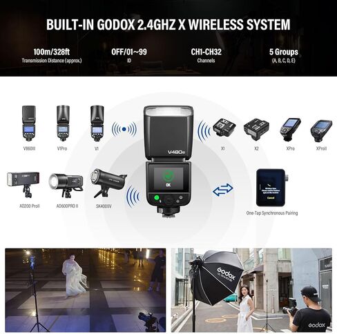 GODOX V480 flash AK-R1 Accessory Kit, GODOX V480-C TTL HSS Flash for Canon, 2.4G Wireless, 2.0"Color Touchscreen, Smart Distance Readout, Li-ion Battery, 650 full-power flashes, 10-Level Modeling Lamp in Saudi Arabia