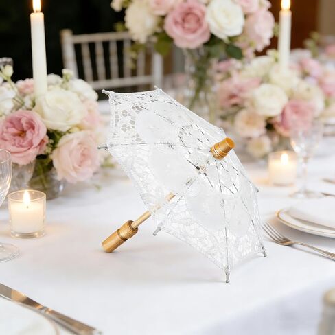 ibasenice Bridal Lace Parasol Umbrella Wedding Prop White Embroidered Bride Umbrella for Wedding Photography Tea Party Decoration with Wooden Handle in Saudi Arabia