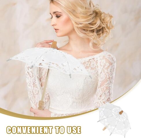 ibasenice Bridal Lace Parasol Umbrella Wedding Prop White Embroidered Bride Umbrella for Wedding Photography Tea Party Decoration with Wooden Handle in Saudi Arabia