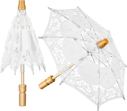 ibasenice Bridal Lace Parasol Umbrella Wedding Prop White Embroidered Bride Umbrella for Wedding Photography Tea Party Decoration with Wooden Handle in Saudi Arabia