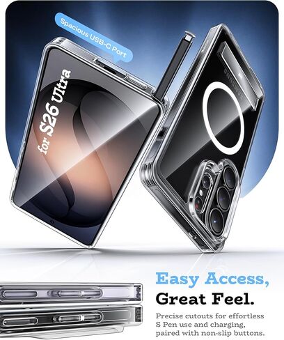 حافظة Maledan لهاتف Samsung Galaxy S26 Ultra مع حامل هاتف مدمج، حافظة حماية مغناطيسية مضادة للصدمات لهاتف Galaxy S26 Ultra 6.9 بوصة، مسند متوافق مع Magsafe، شفاف كريستالي مضاد للأصفر in Kuwait