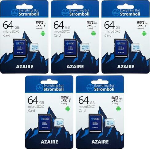 كل شيء ولكن سترومبولي بطاقة ذاكرة MicroSD Azaire سعة 64 جيجابايت ومحول (5 عبوات) تعمل مع كاميرات الحركة والطائرات بدون طيار، كاميرات GoPro Hero، DJI Mavic، Phantom، Spark، Osmo، Class 10، U1، UHS-1، 4K Full HD، SDXC in Saudi Arabia