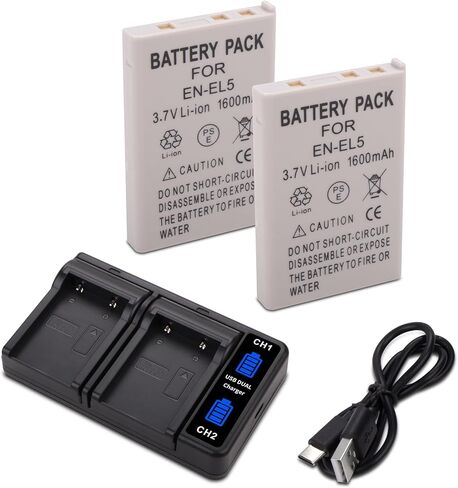 2 بطارية EN-EL5 مع شاحن USB-C ذكي LCD مزدوج لكاميرا Nikon CoolPix P80، P90، P100، P500، P510، P520، P530، P5100، P5000، P6000، 3700، 4200، 5200، 5900، 7900، P3، P4، S10 in Kuwait