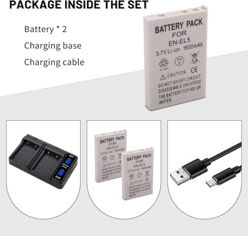 2 بطارية EN-EL5 مع شاحن USB-C ذكي LCD مزدوج لكاميرا Nikon CoolPix P80، P90، P100، P500، P510، P520، P530، P5100، P5000، P6000، 3700، 4200، 5200، 5900، 7900، P3، P4، S10 in Kuwait