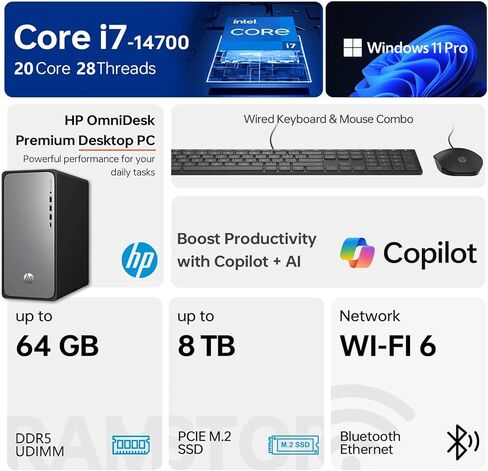 سطح المكتب HP OmniDesk M02 Business Tower مع Copilot AI، Intel Core i7-14700، ذاكرة الوصول العشوائي DDR5 16 جيجابايت / 32 جيجابايت / 64 جيجابايت مخصصة، 1 تيرابايت / 2 تيرابايت / 4 تيرابايت SSD، لوحة مفاتيح وماوس سلكية، Wi-Fi 6، بلوتوث، Win11P in Kuwait