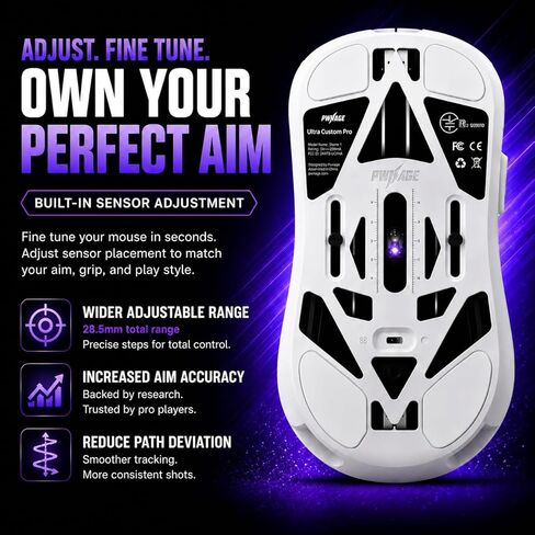 PWNAGE Ultra Custom Pro Symm 3 Wireless Gaming Mouse - Adjustable Sensor Position, Hot-Swappable Mechanical & Optical Switches, Modular Shape System, 8K Polling, 50g Ultralight - Nyomi Purple in Saudi Arabia