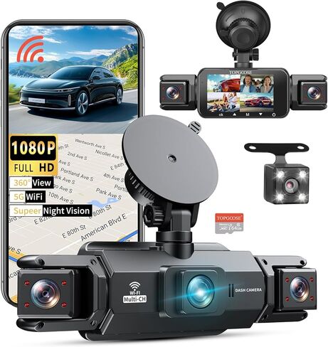 كاميرا داش كام 360 درجة 4 قنوات 5G واي فاي والتحكم في التطبيقات، بطاقة 64 جيجابايت مجانية، TOPGOOSE 2K FHD أمامي وخلفي من الداخل، كاميرا داش يمين يسار للسيارات، مستشعر G، تسجيل حلقي، وضع انتظار 24 ساعة in Kuwait