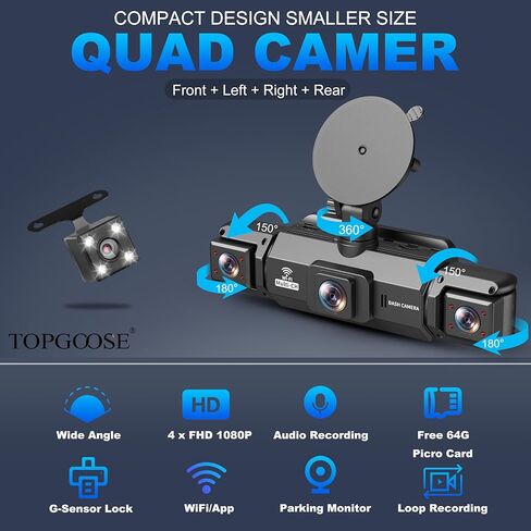 كاميرا داش كام 360 درجة 4 قنوات 5G واي فاي والتحكم في التطبيقات، بطاقة 64 جيجابايت مجانية، TOPGOOSE 2K FHD أمامي وخلفي من الداخل، كاميرا داش يمين يسار للسيارات، مستشعر G، تسجيل حلقي، وضع انتظار 24 ساعة in Kuwait