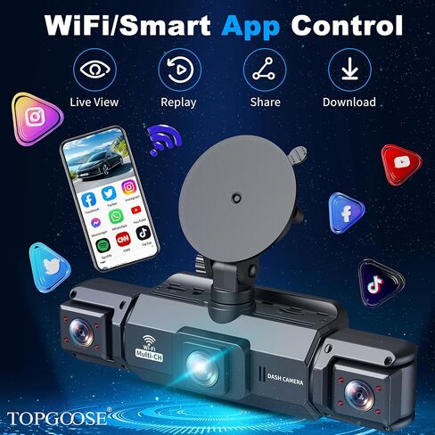 كاميرا داش كام 360 درجة 4 قنوات 5G واي فاي والتحكم في التطبيقات، بطاقة 64 جيجابايت مجانية، TOPGOOSE 2K FHD أمامي وخلفي من الداخل، كاميرا داش يمين يسار للسيارات، مستشعر G، تسجيل حلقي، وضع انتظار 24 ساعة in Kuwait