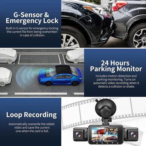 كاميرا داش كام 360 درجة 4 قنوات 5G واي فاي والتحكم في التطبيقات، بطاقة 64 جيجابايت مجانية، TOPGOOSE 2K FHD أمامي وخلفي من الداخل، كاميرا داش يمين يسار للسيارات، مستشعر G، تسجيل حلقي، وضع انتظار 24 ساعة in Kuwait