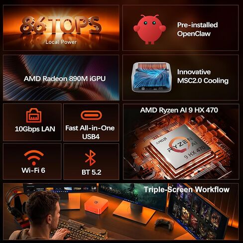 Beelink OpenClaw AI Mini PC, SER10 MAX Ryzen AI 9 HX 470 (86 Tops, up to 5.2GHz), 32GB DDR5 1TB SSD, Radeon 890M Graphics, 10Gbps LAN, WiFi 6+BT5.2, 4K Triple Display, USB4, Gaming & AI Workstation in Saudi Arabia
