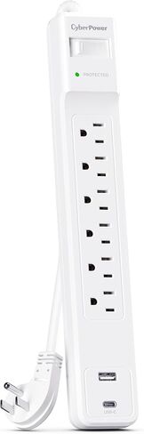 CyberPower CSP604UCW واقي التيار الزائد، 1500J، 6 منافذ، 1 USB-A، 1 USB-C، سلك طاقة 4 أقدام، أبيض، ETL in Saudi Arabia