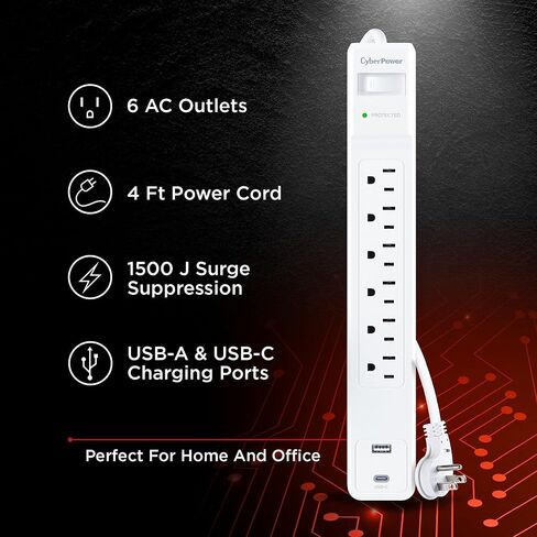 CyberPower CSP604UCW واقي التيار الزائد، 1500J، 6 منافذ، 1 USB-A، 1 USB-C، سلك طاقة 4 أقدام، أبيض، ETL in Saudi Arabia