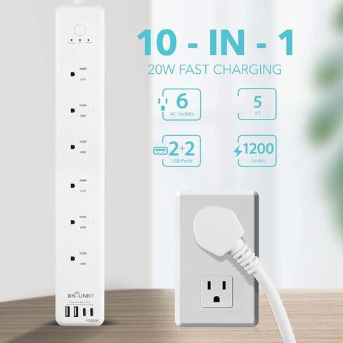 BN-LINK Smart WiFi Power Strip Surge Protector, 6 Individually Controlled Outlets, 4 USB Ports with 20W USB-C Fast Charging, Alexa & Google Home Compatible, App Timer Control in Saudi Arabia