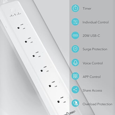 BN-LINK Smart WiFi Power Strip Surge Protector, 6 Individually Controlled Outlets, 4 USB Ports with 20W USB-C Fast Charging, Alexa & Google Home Compatible, App Timer Control in Saudi Arabia